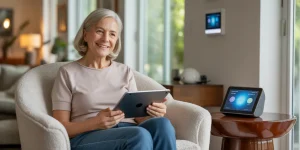 Older woman aging in place with gerontechnology.