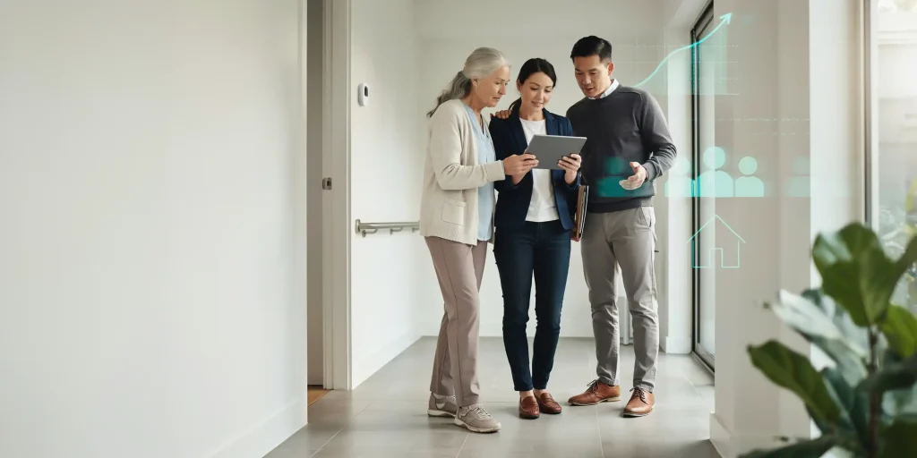 Family looking over statistics on aging in place.