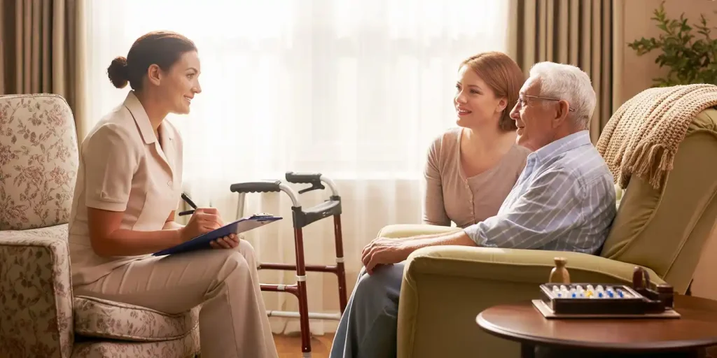 A senior and his family caregiver meeting with a geriatric care manager.