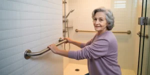 Senior woman using grab bars in her bathroom