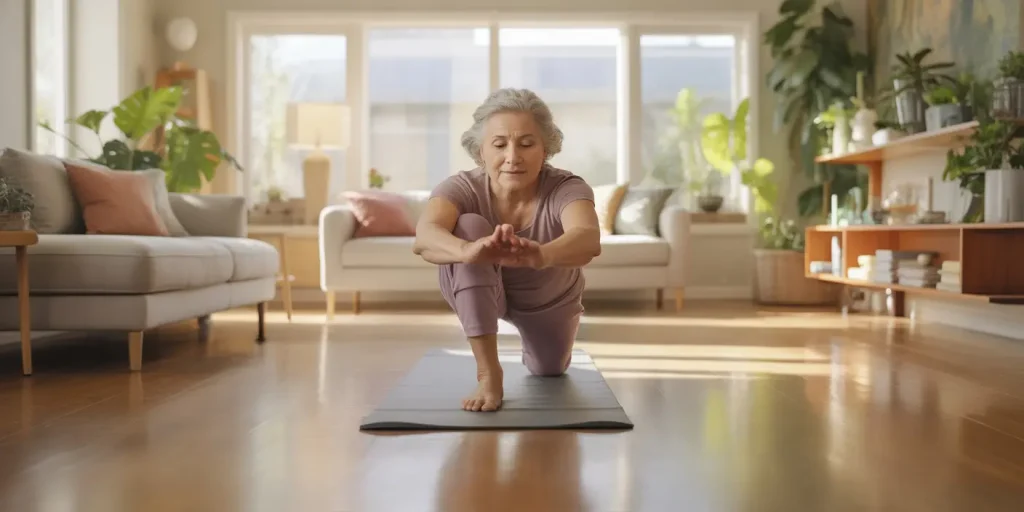 Older woman exercising in her home