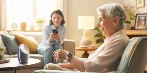 Adult daughter and older mother enjoying how technology is helping to age in place.