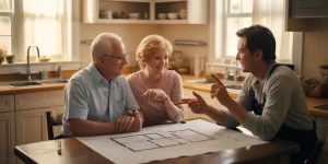 Senior couple interviewing a contractor for aging in place renovations.