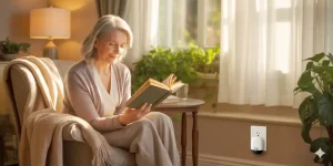 Senior woman safe in her home with Ting Fire Prevention Sensor.