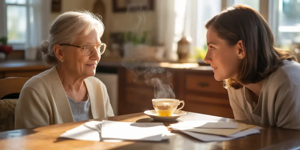 Adult daughter speaking with mother about living situation.