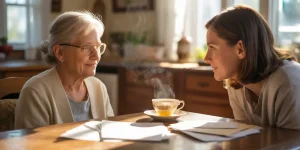 Adult daughter speaking with mother about living situation.