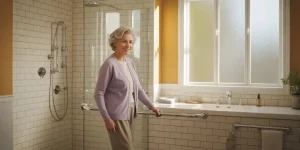 woman checking her bathroom grab bars