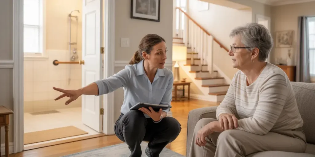 A home safety assessment being conducted in a senior woman's home.