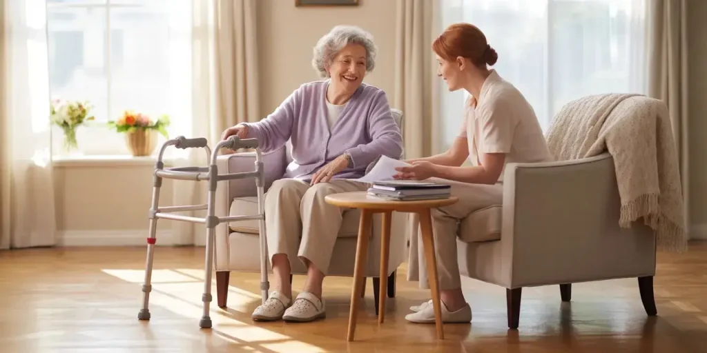 Senior woman discussing being safe at home after hospital discharge.